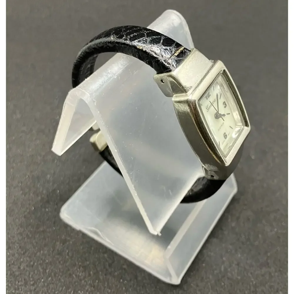 GENEVA *new battery* Silver‎ Tone Cuff Watch Black Womens, Quartz, Leather